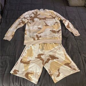 Adidas Tan and Cream Camouflage Top and Shorts NWT
